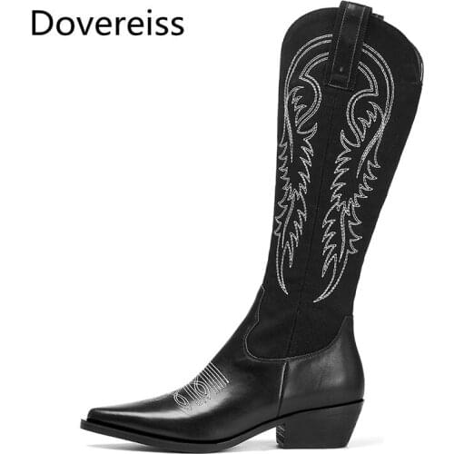 Dovereiss Fashion Womens Shoes Winter Embroidery Elegant Pure color Sexy Zipper Knee high boots Chunky Heels Concise 34-39