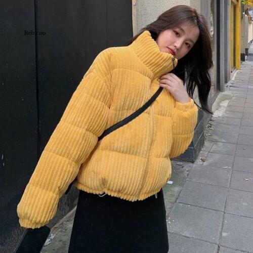 Short Style Parkas Women Solid Corduroy Stand Collar Thicken Zipper Candy Collar Sweet Winter Coats Female Outwear Fashion Retro