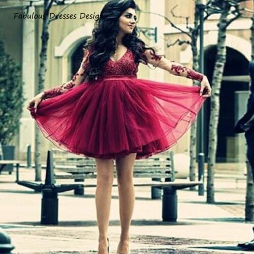 Burgundy Mini Short Bridesmaid Dresses Applique Lace Long Sleeve A Line Tulle 2021 Wedding Party Dress Robe De Soiree De Mariage