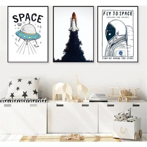Space Rocket Canvas Wall Art Poster Astronaut Print Cartoon Planet Painting Nursery Prints Nordic Wall Pictures Kids Room Decor