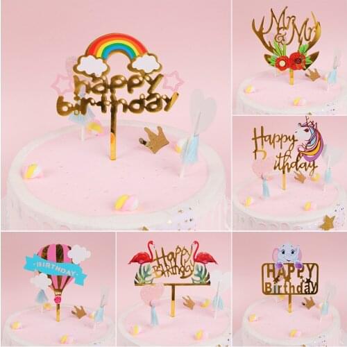 1pc Colourful Acrylic Unicorn Flamingo Elephant Flower Balloon Happy Birthday Cake Topper Party Decoration Dessert lovely Gift
