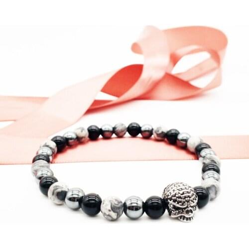 Wholesale Fashion 6mm natural stone beaded men bracelets hematite stainless steel skull bracelet mens 50pcs/lot+free shipping