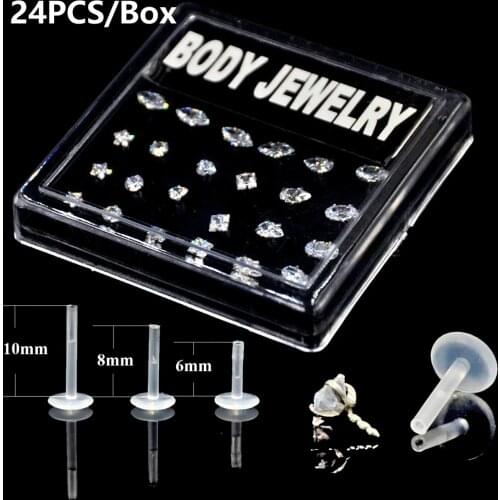 BOG-24PCS/Box Mixed 7 Designs Bioplast Flexible Labret Stud Lip Ring Horse Eye Ellips Ear Tragus Ear Cartilage Earring Piercing