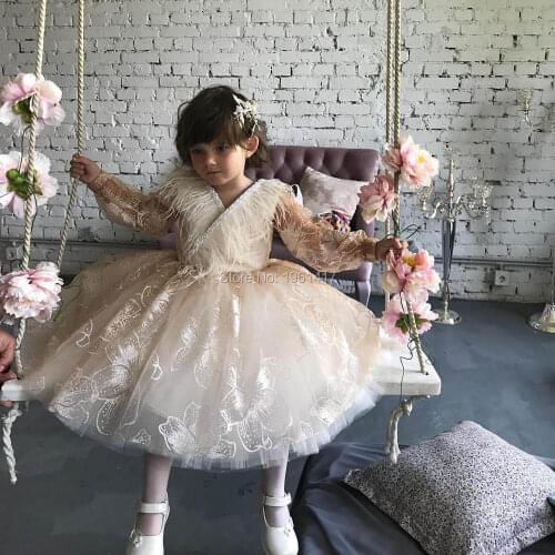My Baby 1st First Birthday Dresses for Girls Christening Baptism Beige Princess Tutu Formal Dress Ball Gown Toddler Vestido