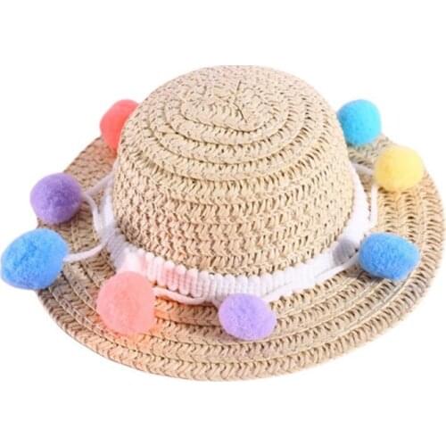Pet Straw Hat Party Colorful Pompom Dog Cat Sombrero Cap Pet Adjustable Hat Handcrafted Summer Cap