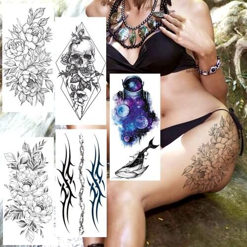 Beautiful Flower Temporary Tattoos Sticker For Women Men Body Art Legs Arm Tattoos For Party Show Fake Death Skull Planets Tatoo