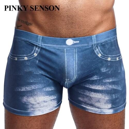 Pinkysenson Underwear Boxers Jeans Printing Smooth Silk Sexy Panties Mens Shorts
