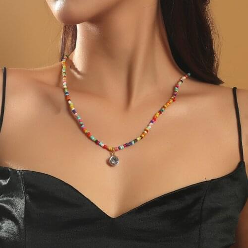 Bohemian Multicolor Glass Beaded Long Chain Necklaces For Women Beach Style Boho Transparent Rhinestone Pendant Necklace Jewelry