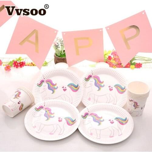 Vvsoo 10pcs Unicorn Flamingo Paper Cups Plates Disposable Tableware Wedding Birthday Decorations Baby Shower Party Supplies