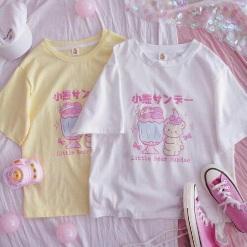 Cute T-Shirt Girl Summer Loose Student Day Little Bear Academy Style Girl Round Collared Top T Shirt for Women