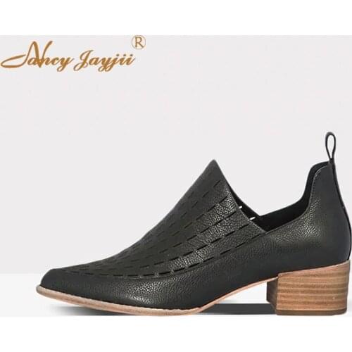 Genuine Leather Female Pumps Ladies Adult Black Shoes High Square heels Round Toe Spring/Autumn Mature Fashion Leisure 2019