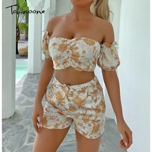 Tobinoone floral print jumpsuit women elegant vintage short jumpsuit female summer off shoulder sexy beach party bohu jumpsuit