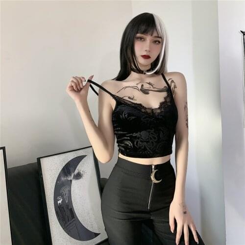 Goth Veleve Camisole Women Vintage Y2k Sexy Lace Patchwork Bodycon Crop Tank Tops Streetwear Gothic Black Vest