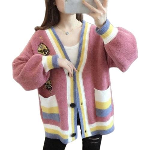 Autumn Cartoons Color Matching Cardigans Women V-Neck Pocket Knitting Sweater Coat Single Breasted Overcoat Ladies LooseTops