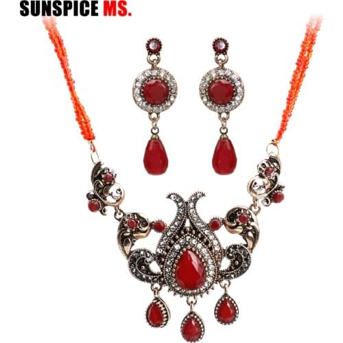 SUNSPICE MS Vintage Tukish Resin Earring Necklace Set For Women Ethnic Dress Natural Stone Bead Chain Red Green Blue Retro Color
