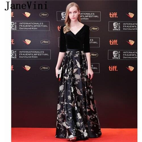 JaneVini Vewtidos Largos Black Floral Prom Dress With Half Sleeve 2018 Velvet Long Formal Dress Women Wedding Bridesmaid Dresses