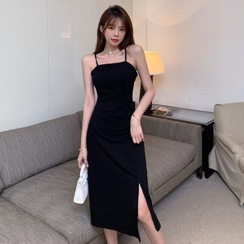 Womens Sling Long Dress Solid Color Pleated Slit Long Dresses Summer Maxi Dress