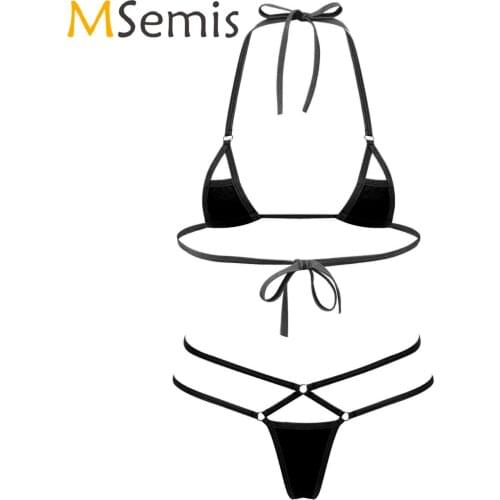 Womens Strappy Lingerie Suit Erotic Sexy Bikini Set Micro Swimsuit Lace Up Halter Neck Bra Tops Strappy T-back Briefs Swimwear