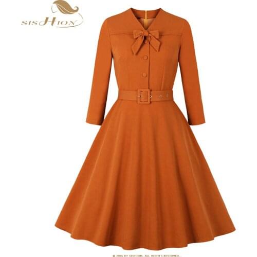 SISHION 2021 Autumn Button Up Women Swing Dress SP1508 Vintage Orange Long Sleeve Sashes Turn Down Collar Ladies Dresses