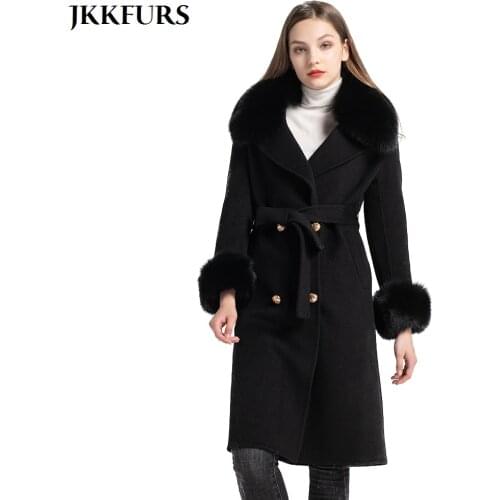 Women Wool Coat Luxury Detachable Fluffy Fox Fur Collar Genuine Real Fur Long Style Winter Spring Warm Jacket Top Quality S7519B