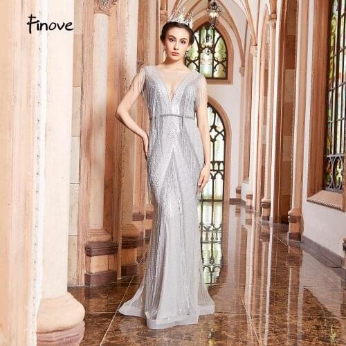 Finove Stunning Tassels Mermaid Evening Dresses 2020 Sexy Illusion V Neck Beaded Pearls Long Floor Length Party Dress For Lady