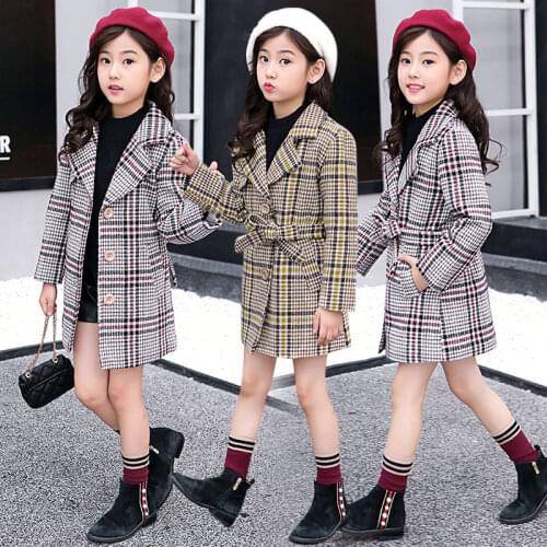 Winter Girls Woolen Jackets Kids Plaid Thicken Coats Children Autumn Clothes Warm Casual Kids Girls Outwear Long Jacket Parkas