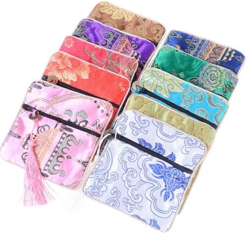 1PC Handmade Tassel Rectangle Zipper Gift Coin Purse Chinese Style Silk Brocade Jewelery Bag Trinket Comb Cosmetic Storage Pouch