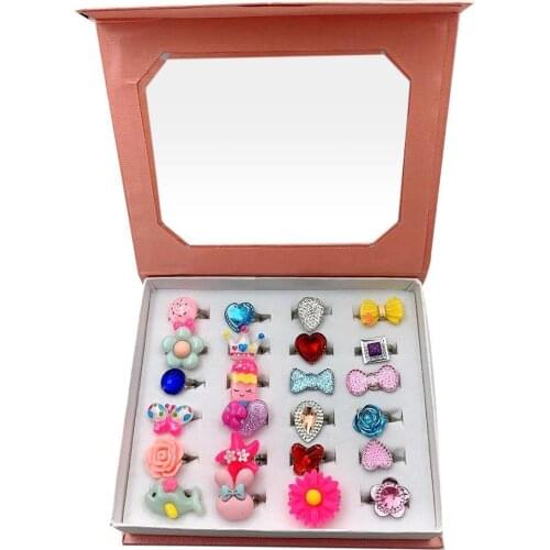 24Pcs Kid Flower Bow Faux Gem Adjustable Finger Ring Party Jewelry Birthday Gift