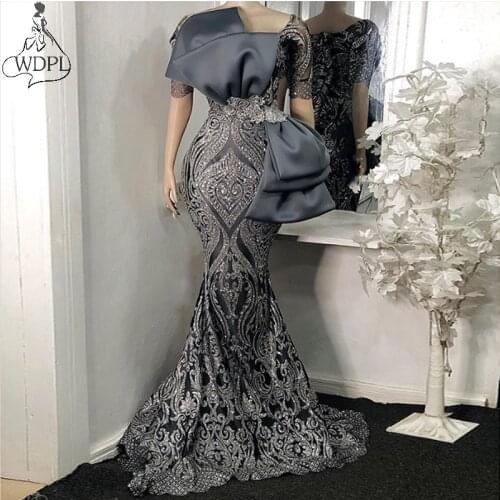 Aso Ebi Style Gray Lace Evening Dresses Short Sleeve Bow African Prom Dress 2020 New Customized Saudi Arabia Women Party Gowns