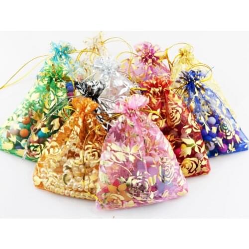 Free Shipping 100pcs/lot Green Gold Rose Printing Organza Bags Drawable 7*9cm Wedding Favour Gift Bag Jewellery Pouches