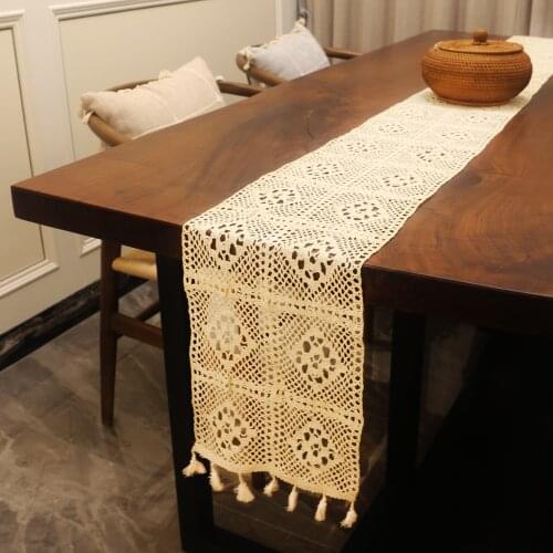 Beige Crochet Lace Table Runner with Tassel Cotton Wedding Decor Hollow Tablecloth Nordic Cabinet Piano Cover Black Bed Runners