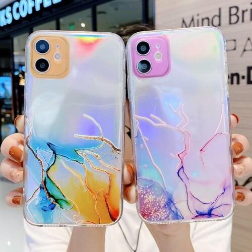 Laser Watercolor Phone Case For iPhone 11 12 Pro Max Mini X XS XR 7 8 Plus SE2020 Gradient Marble Texture Anti-Fall Clear Cover