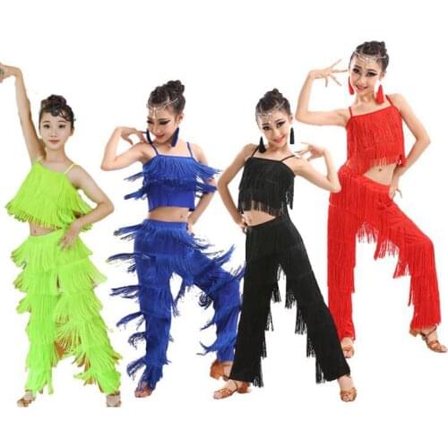 Kids Latin Dance Costumes Ballroom Plus Size Fringe Tassel Dress Pants Girls Sequin Salsa Samba Children Stage Outfits Costume