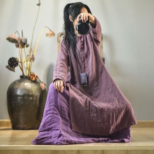 Johnature Autumn New 2021 Retro Plate Buckle O-neck Long Sleeve High Slit Dresses Cotton Linen Comfortable Women Pullover Dress