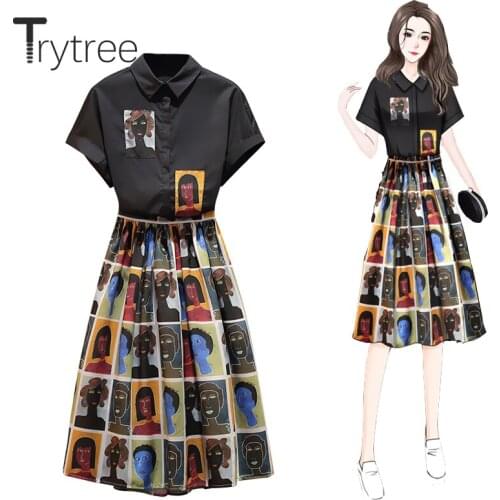 Trytree 2020 Summer Women Two piece sets Casual Turn-down Collar Single Breasted Top + Skirt Fashion Knee-Length Set 2 Piece Set