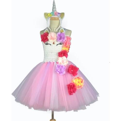 Lovely Girls Unicorn Flower Tutu Dress Baby Crochet Tulle Dress with Roses and Hairbow Kids Birthday Party Cosplay Costume Dress