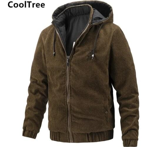 CoolTree Men Corduroy Jackets Autumn Winter Solid Color Double-sided Wear Hooded Coats Male Detachable hat Casual Outerwear Tops