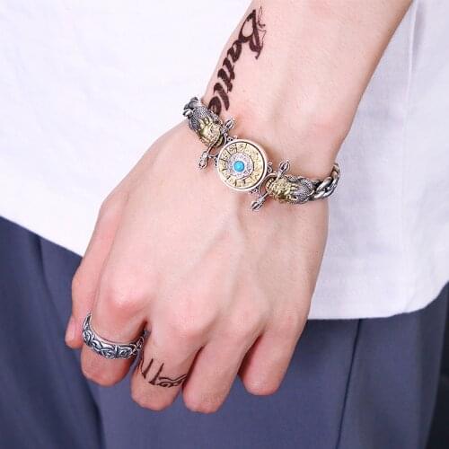 100% 925 sterling silver Buddha Men male Bracelet Thai silver colour Ethnic Buddhist Heart Sutra Letter Bracelet Bangle Jewelry