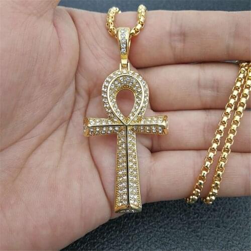 Mens Egyptian Ankh Cross Pendant With Stainless Steel Chain And Iced Out Bling Full Rhinestones Necklace Hip Hop Egypt Jewelry