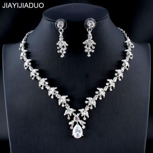 Jiayijiaduo Womens Wedding Jewelry Set Gold Silver Color Refined Zircon Drops Necklace Earrings Set Girl Dating Accessories 32