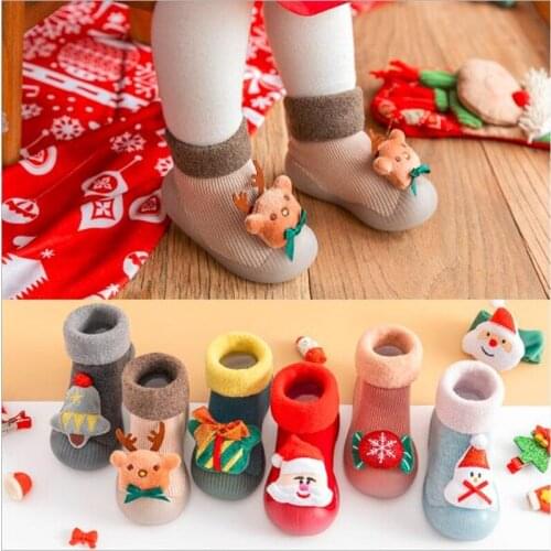 New Fashion Kids Christmas Socks Soft Sole Rubber Outdoor Baby Shoes Anti-slip Children Boys Girls Winter Warm Shoes