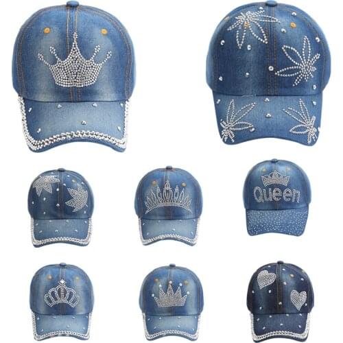 New Denim Hip Hop Caps Fashion Leisure Woman Cap With Crown Queen Rhinestones Vintage Jean Cotton Baseball Caps For Men Hot Sale