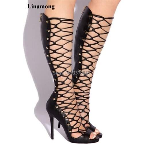 Summer New Fashion Women Open Toe Strap Cross Knee High Rivet Gladiator Boots Cut-out Cage High Heel Long Boots Dress Shoes