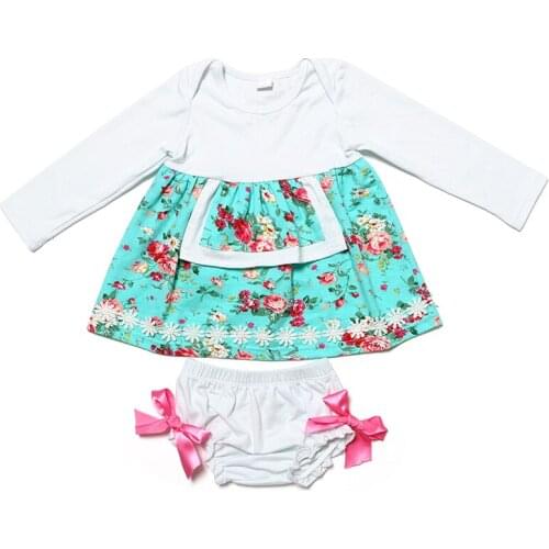 2018 Wholesale Cotton New Born Girl Clothes Long Sleeve Kids Flower Dress+Bloomer Set Baby Birthday Party Gift Fall Outfits