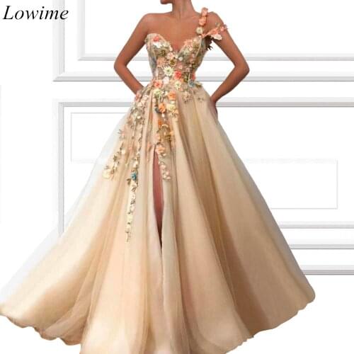 Arabic Kaftan Flowers Celebrity Dresses 2019 Kaftan Side Split Evening Prom Party Gowns Arabic Red Carpet Gowns Robe De Soiree