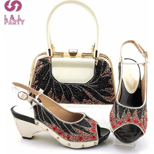 Latest 2021 Italian Design African Shoes and Bag Set Peep Toe Nigerian Royal Paty Sandal with Shinning Crystal in White Color
