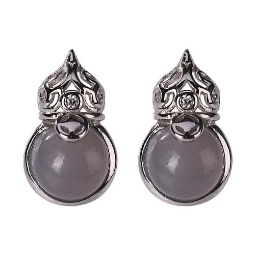 S925 sterling silver natural Hetian smoke mauve Jade stud earrings retro personality minimalism all-match gourd womens earrings