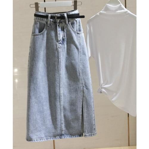 Light Blue High Waist Denim Skirt Womens Mid-Length 2021 Summer New Slimming Slit Sheath A- line Skirt