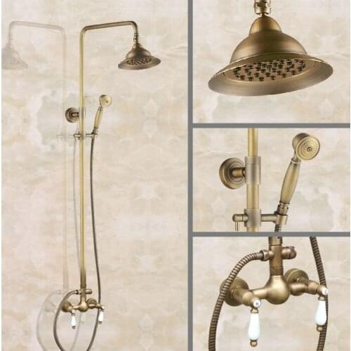 Vintage Retro Antique Brass Wall Mounted Bathroom 7" Round Rain Shower Head Faucet Set Dual Ceramic Handles Mixer Tap man115