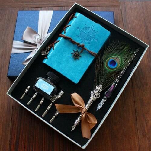 High Quality Feather Pen Crystal Glass Pen Dip Pen With Notebook Gift Box, Pen Gift